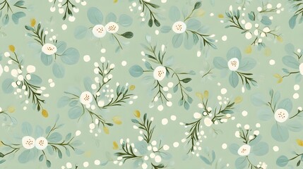 Seamless Pastel Green Floral Pattern with White Flowers and Berries