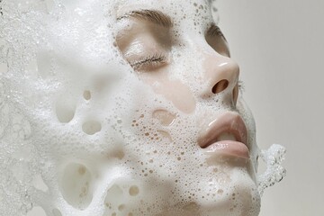 Young Woman Washing Face with Cleansing Foam – Skincare and Beauty Concept