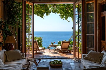 Luxury hotel villa house patio with sea view living room with large window