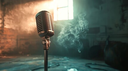 Vintage Microphone in Smoky Room: A Retro Music Scene