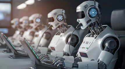 Futuristic AI powered call center with robotic customer service agents