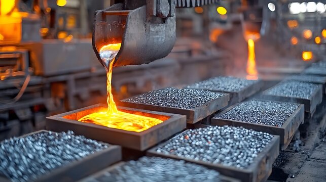 Close up view of molten metal being poured from an industrial furnace during the mineral refining and extraction process in a factory or metalworking facility