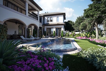 Obraz premium Luxury mansion house in Florida with garden and pool Tropical vacation vibe