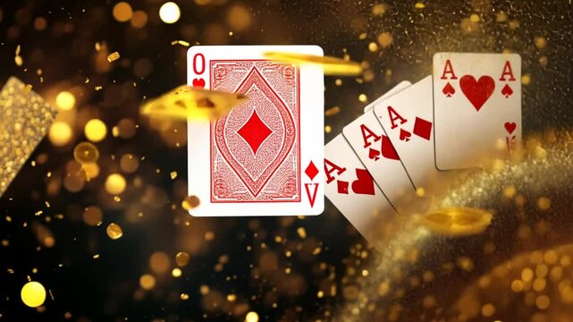 Winning hand of four aces with gold coin particles, and gold diamond card around, Casino