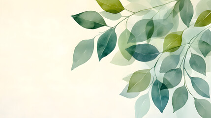 Soft Green Leaves on Light Background in Watercolor Style