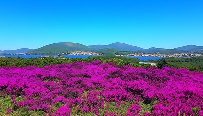 Fototapeta premium Vibrant Pink Flowers for Lake View, Hilltop Bloom.