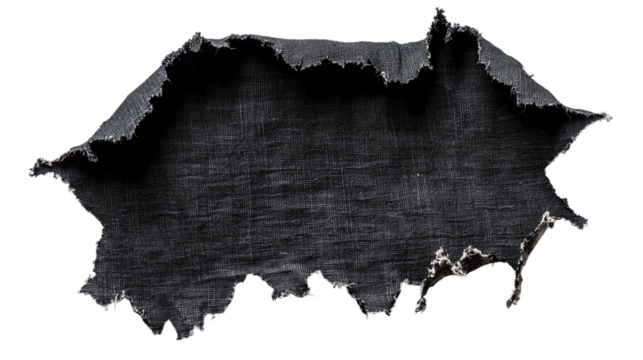 Black fabric with frayed edges, cut out. Isolated on a transparent background.