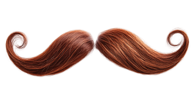 Majestic chestnut brown hair mustache curled at the ends, cut out. Isolated on a transparent background.
