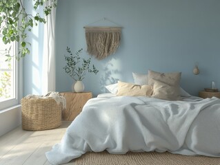 A light filled modern bedroom with natural decorative elements