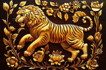 A beautifully carved wooden panel featuring a roaring tiger surrounded by intricate floral designs