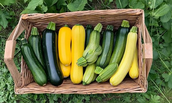 A woven basket filled with various types of fresh zucchini and yellow squash surrounded by greenery