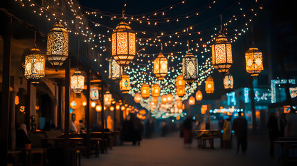 Fototapeta premium Evening market scene illuminated by decorative lanterns and lights, with people enjoying the atmosphere