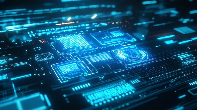 Futuristic digital interface with glowing blue holographic patterns abstract geometric shapes and a sleek high tech cyber theme