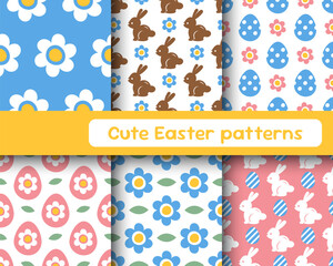 Easter seamless patterns set with cute rabbits, eggs and flowers.  Lovely Easter backgrounds collection for greeting cards, textile prints, wallpapers in pastel colors