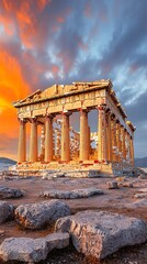 Obraz premium Temple Atop Hill, Orange Sky, Historic Landmark