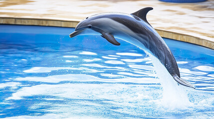 Obraz premium dolphin joyfully leaps from water in pool setting