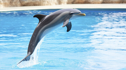 dolphin gracefully jumps out of water in pool