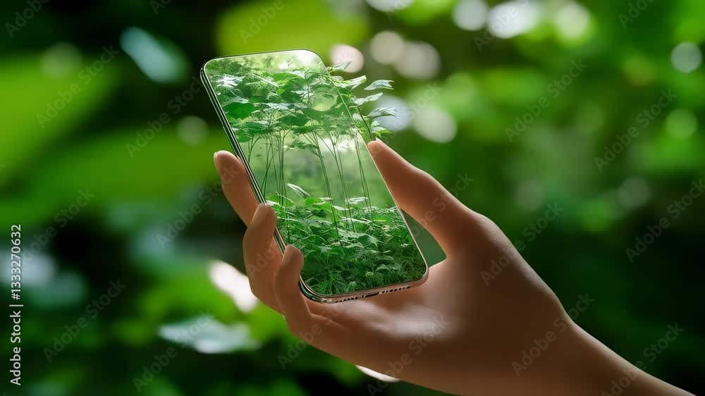Poster exploring the intersection of technology and nature with a smartphone capturing green landscapes in 