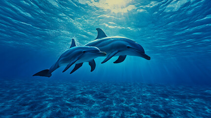 Fototapeta premium Two Dolphins Swimming Together Underwater with Sunlight Above