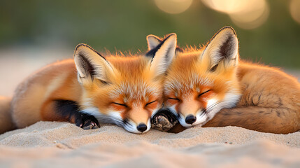 Obraz premium Two Red Foxes Sleeping Comfortably on Sandy Ground in Nature
