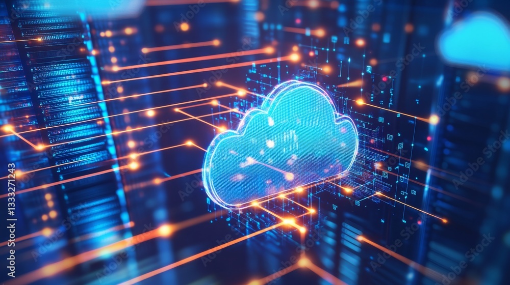 Poster dynamic rendering of a server room data center digital art high-tech environment aerial view cloud g