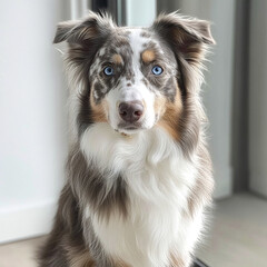Fluffy Australian Shepherd with blue eyes sitting indoors