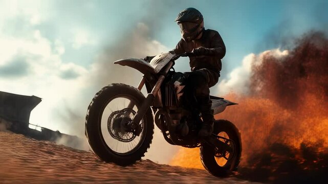 Stunt performer jumps motocross bike over flames during intense action sequence in urban setting