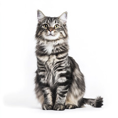 Fototapeta premium Fluffy grey striped cat sitting against white background