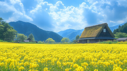 菜の花畑と茅葺き屋根の家が織りなす、日本ののどかな田園風景
