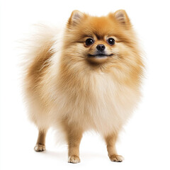Obraz premium fluffy Pomeranian with thick coat stands on white background