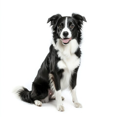 Border Collie sitting on white background, looking happy