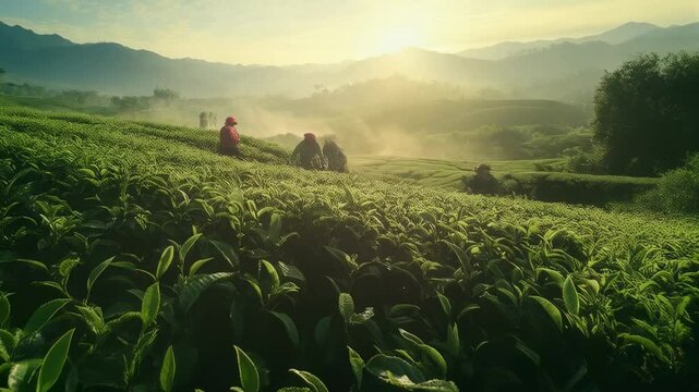 Workers harvest tea leaves in lush green fields at sunrise, capturing the beauty of nature and agriculture in the countryside