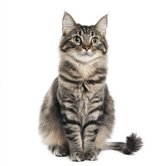 grey striped mixed breed cat sitting gracefully on white background