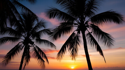 The silhouette of palm trees creates a striking panorama during a tropical sunset