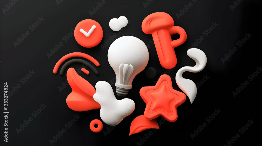 Poster abstract 3d render of orange and white shapes with lightbulb on black background
