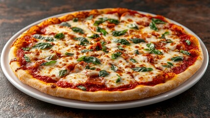 Deliciously topped pizza with melted cheese and fresh basil