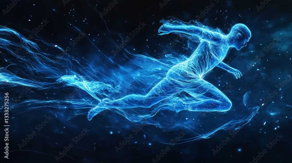 Poster dynamic blue kinetic effect virtual space visual art digital environment abstract view fluid motion 