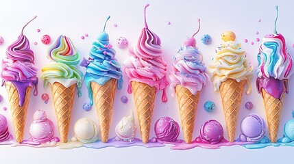 A collection colorful ice cream cones with swirls and toppings on a white backdrop