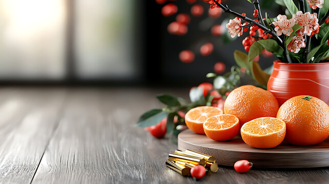 Celebrating lunar new year with red envelopes mandarin oranges and golden ingo cozy indoor setting still life photography traditional symbolism