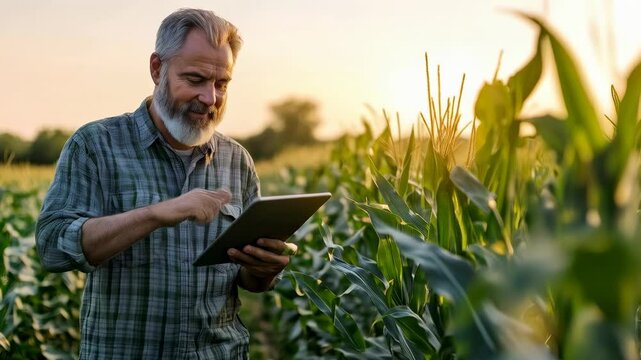 Farmer using tablet in cornfield during sunset, blending technology and agriculture for improved crop management