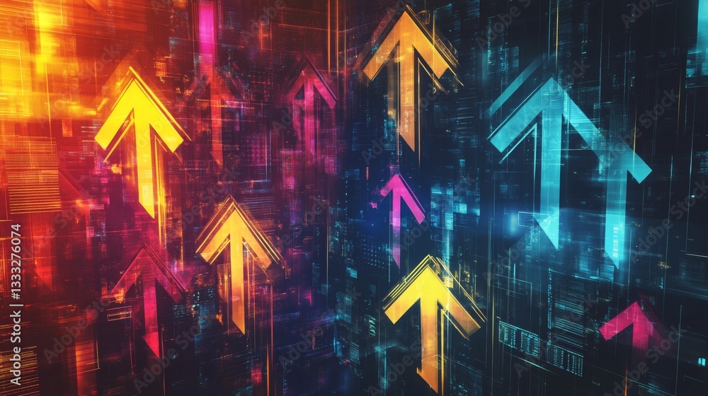 Poster creating a dynamic digital arrows pattern futuristic city gigapixel artwork virtual environment aeri