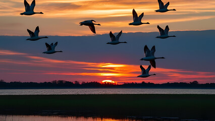 Geese navigating the air above a magnificent sunset