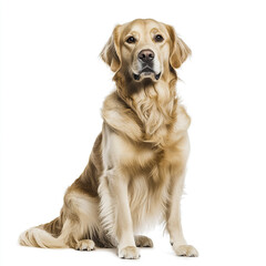 Golden retriever sitting gracefully on white background