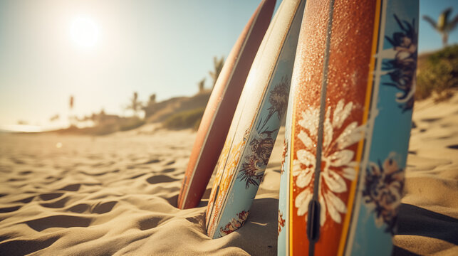 A rendering of surfboards in the sand. Useful for anything related to travel, holiday, leisure, surfing, vacation and relaxation.