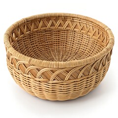 Empty Round Woven Rattan Basket on White Background