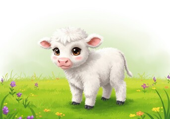 Obraz premium Adorable White Calf in a Green Field with Flowers