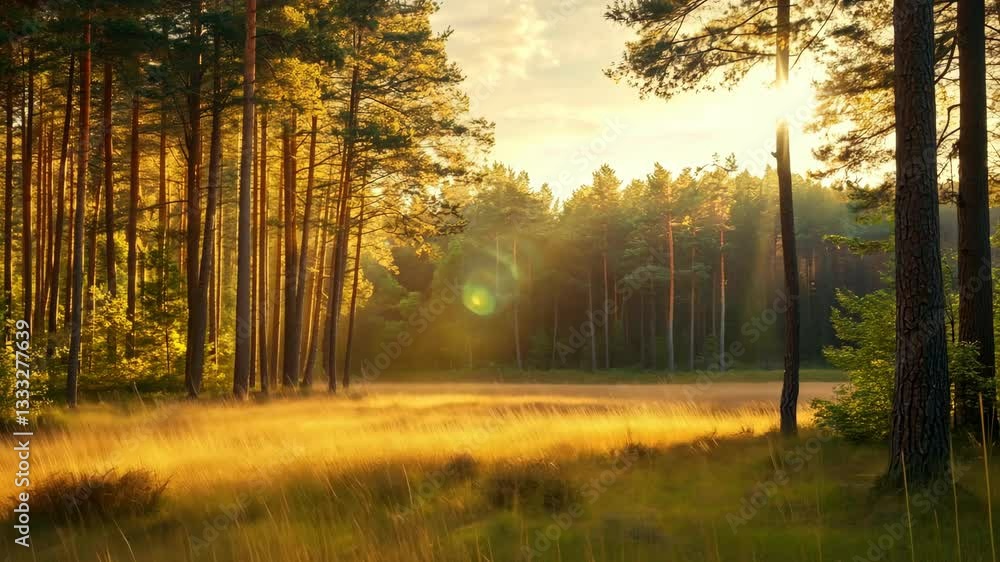 Poster sunlight filters through tall trees in a serene forest during golden hour with gentle grass swaying 