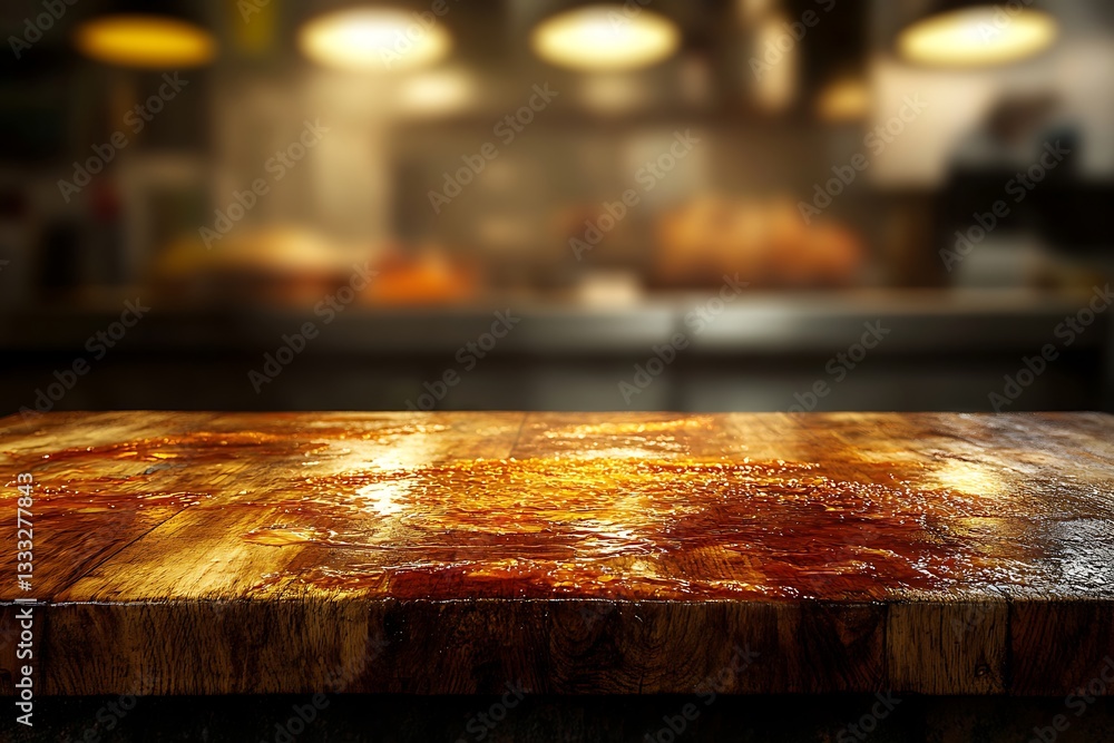 Poster empty wooden table and coffee shop blur background with bokeh image.