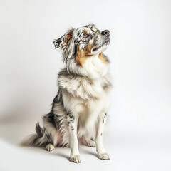 Australian Shepherd sitting against white background, looking attentive