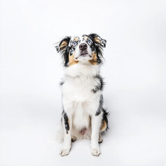 playful Aussie dog with fluffy paws sits on white background